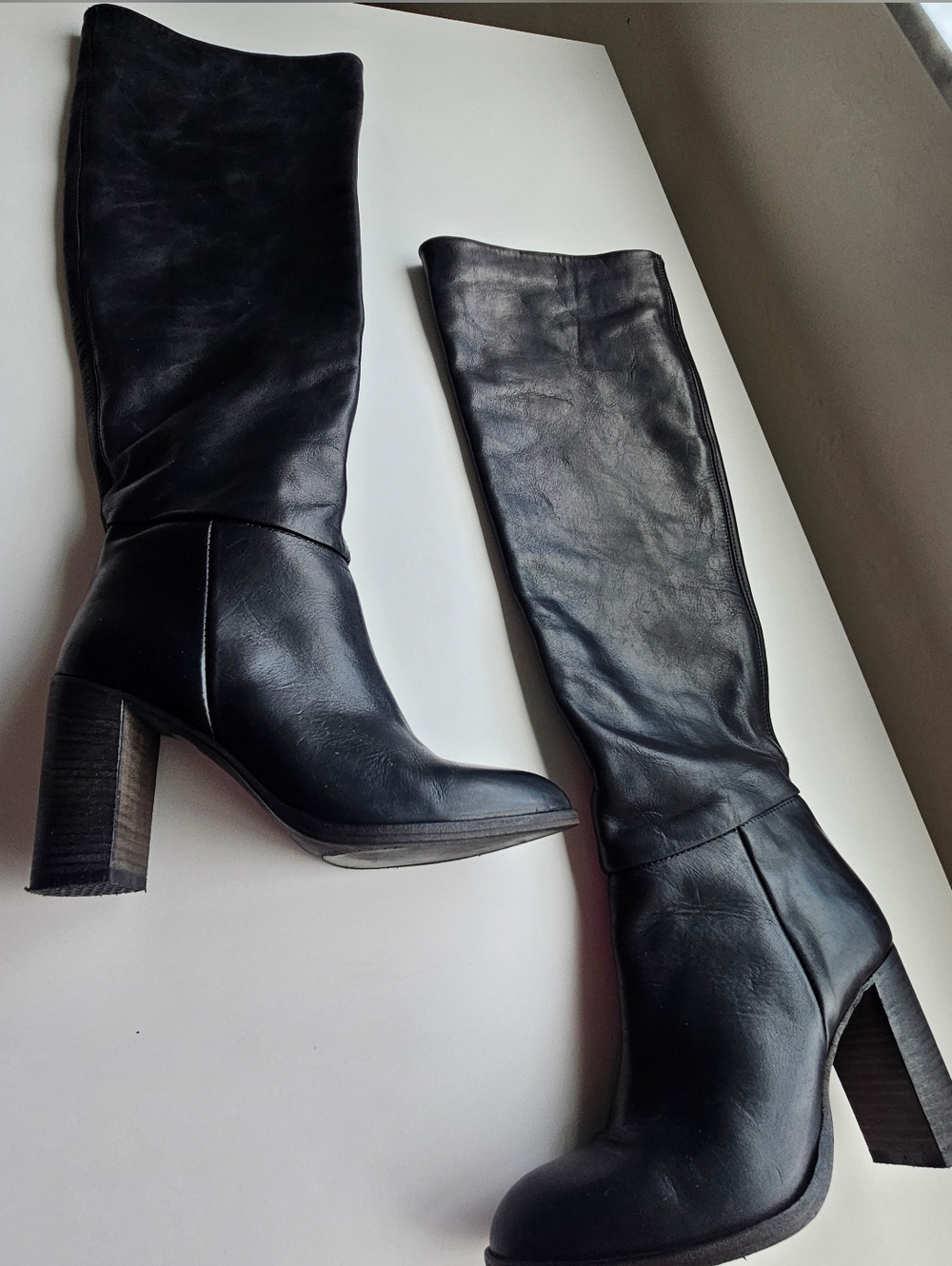 Free People Dakota Black Leather Wood Chunky Heeled Over Knee Boots - Picture 4 of 14